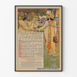 Vintageaffisch Marseille, Fêtes du Centenaire, uppsatt i en tunn ram på en ljus vägg.
