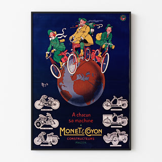 Vintage affisch Monet & Goyon, maskiner, visad i en tunn ram på en ljus vägg.