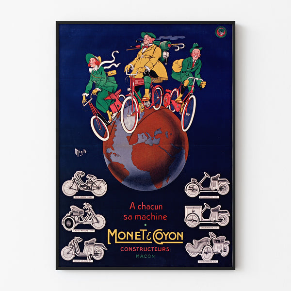 Vintage affisch Monet & Goyon, maskiner, visad i en tunn ram på en ljus vägg.