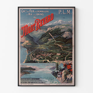 Vintageaffisch Mont-Revard, tandhjulsjärnväg, visad i en tunn ram på en ljus vägg.