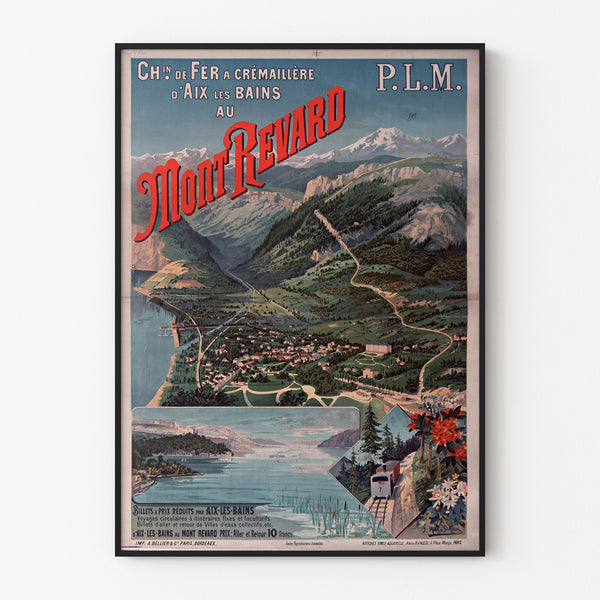 Vintageaffisch Mont-Revard, tandhjulsjärnväg, visad i en tunn ram på en ljus vägg.