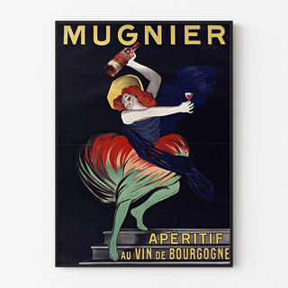 Vintageaffisch Mugnier. Apéritif au vin de Bourgogne, i tunn ram på ljus vägg.