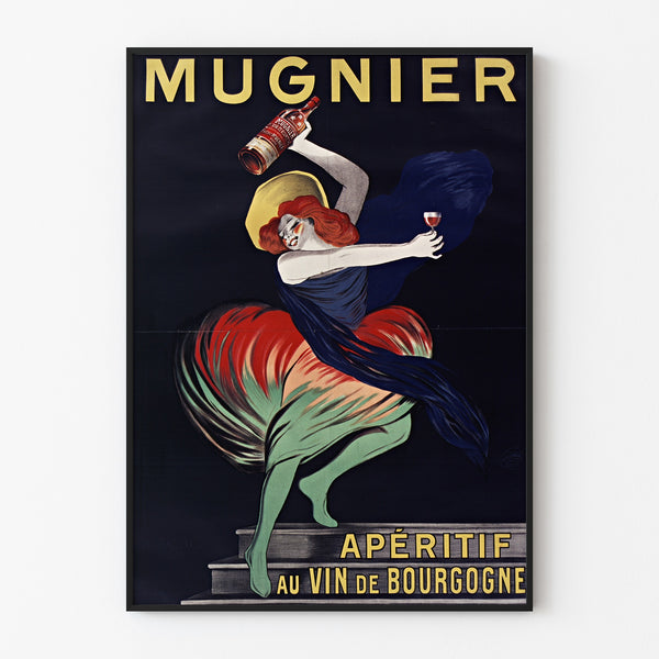 Vintageaffisch Mugnier. Apéritif au vin de Bourgogne, i tunn ram på ljus vägg.