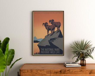 Vintageaffisch National Parks Preserve Wild Life, inramad ovanför en byrå i trä, mellan växter.