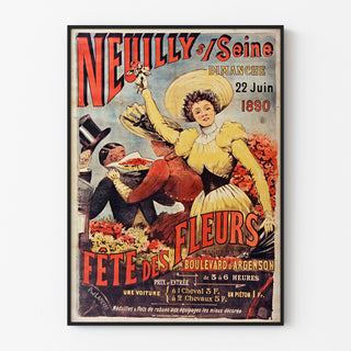 Vintage affisch Neuilly, blomsterfest, 1890, i tunn ram på en ljus vägg.