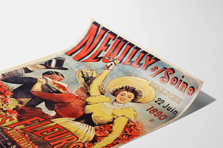 Vintage affisch Neuilly, blomsterfest, 1890, presenterad på lätt böjd affisch, perspektivvy.