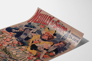 Vintage affisch Neuilly, blomsterfest, 1894, presenterad på lätt böjd affisch, perspektivvy.
