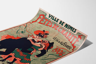Vintageaffisch Nîmes, välgörenhetsfester, presenterad på ett böjt papper, sett i perspektiv.