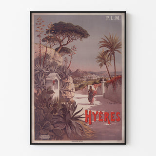 Vintageaffisch P. L. M. Hyères, visad i en tunn ram på en ljus vägg.