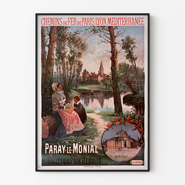Vintage affisch Paray-le-Monial, tåg, visad i en tunn ram på en ljus vägg.
