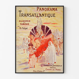 Vintageaffisch Paris 1900, transatlantiskt panorama, visad i en tunn ram på en ljus vägg.