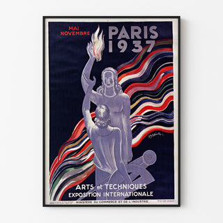 Vintageaffisch Paris 1937, Arts et techniques, visad i en tunn ram på en ljus vägg.