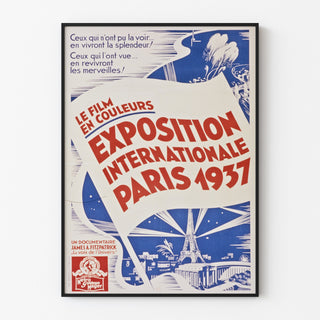 Vintageaffisch Paris 1937, världsutställning, visad i en tunn ram på en ljus vägg.