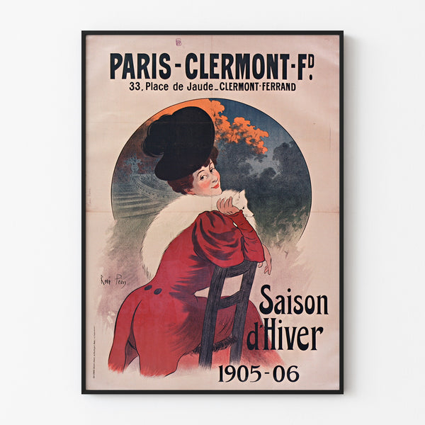 Vintageaffisch Paris-Clermont, vintersäsong, visad i en tunn ram på en ljus vägg.