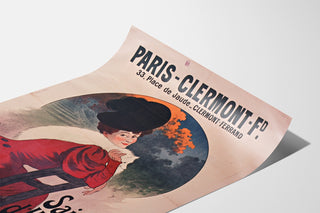 Vintageaffisch Paris-Clermont, vintersäsong, visad på ett böjt papper, perspektivvy.