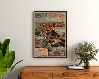 Vintageaffisch Paris Lyon Méditerranée, Jura, inramad ovanför ett träbyrå, mellan växter.
