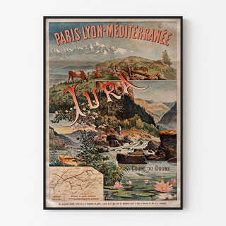 Vintageaffisch Paris Lyon Méditerranée, Jura, i tunn ram på ljus vägg.