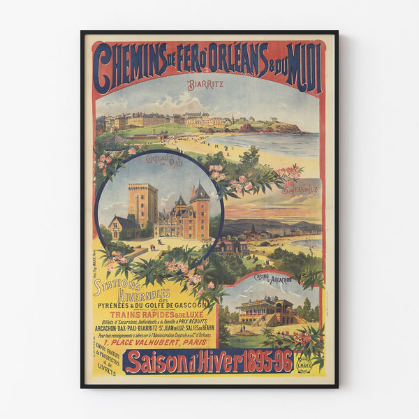 Vintageaffisch Pyrénées et Gascogne, vintersäsong, visad i en tunn ram på en ljus vägg.