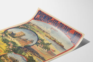 Vintageaffisch Pyrénées et Gascogne, säsong vinter, presenterad på ett böjt ark, sedd i perspektiv.