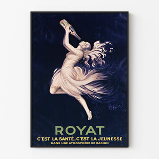 Vintageaffisch Royat, santé et jeunesse, i ett smalt ramverk mot en ljus vägg.