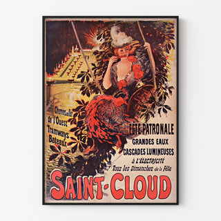 Vintage affisch Saint-Cloud, byfest, i tunn ram på en ljus vägg.