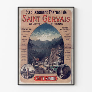 Vintageaffisch Saint-Gervais, kurort, visad i en tunn ram på en ljus vägg.