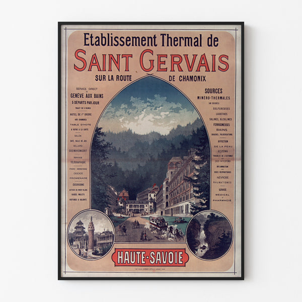 Vintageaffisch Saint-Gervais, kurort, visad i en tunn ram på en ljus vägg.