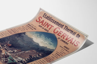 Vintageaffisch Saint-Gervais, kurort, visad på ett böjt ark i perspektiv.