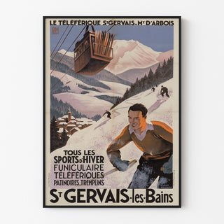 Vintageaffisch Saint-Gervais, Mont-d’Arbois, visad i en tunn ram på en ljus vägg.