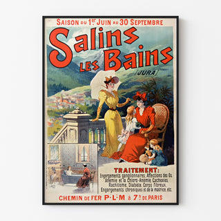 Vintageaffisch Salins les Bains (Jura), i tunn ram på ljus vägg.