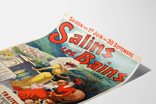 Vintageaffisch Salins les Bains (Jura), uppvisad på ett böjt ark, sett i perspektiv.