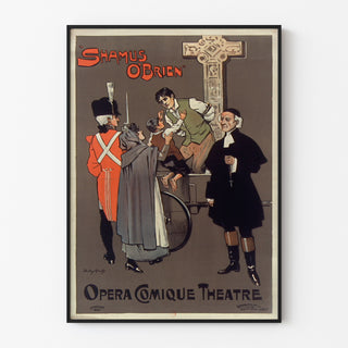 Vintageaffisch Shamus O’Brien, Opera Comique, i en tunn ram på en ljus vägg.