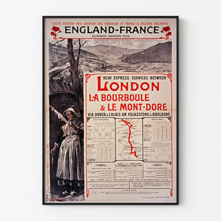 Vintageaffisch South Eastern, England-France, visad i en tunn ram på en ljus vägg.