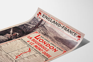 Vintageaffisch South Eastern, England-France, visad på ett böjt papper, perspektivvy.