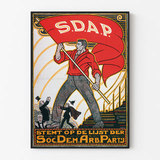 Vintageaffisch Stemt SDAP, val, visad i tunn ram på en ljus vägg.