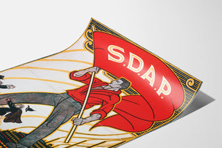 Vintageaffisch Stemt SDAP, val, visad på ett böjt ark i perspektiv.