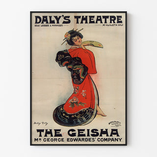 Vintageaffisch The Geisha, Daly’s Theatre, i en tunn ram på en ljus vägg.