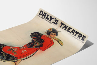 Vintageaffisch The Geisha, Daly’s Theatre, visad på en böjd pappersyta, perspektivvy.