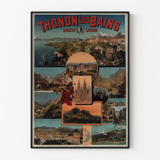 Vintageaffisch Thonon-les-Bains, visad i en tunn ram på en ljus vägg.