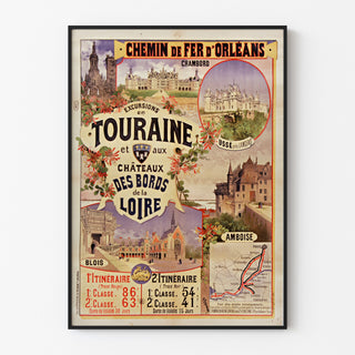 Vintageaffisch Touraine, Loire-slott, uppvisad i en tunn ram på en ljus vägg.