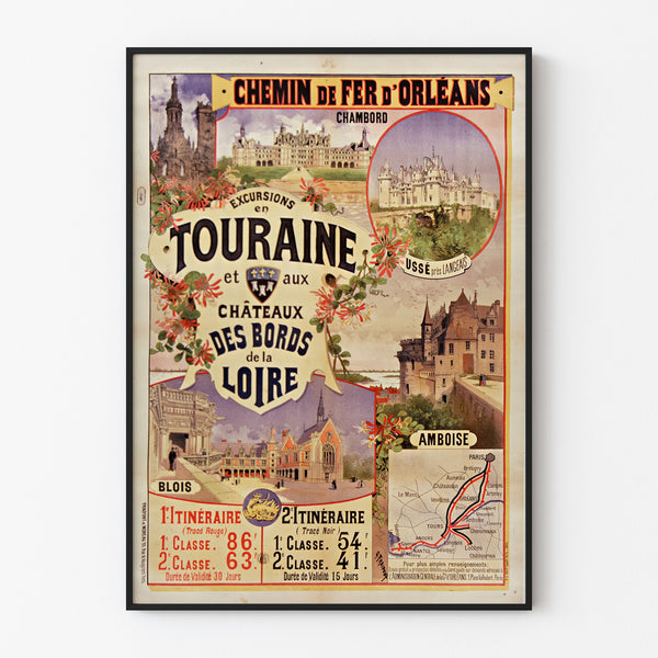 Vintageaffisch Touraine, Loire-slott, uppvisad i en tunn ram på en ljus vägg.