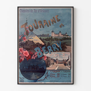 Vintageaffisch Touraine och Berry, slott, uppvisad i en tunn ram på en ljus vägg.