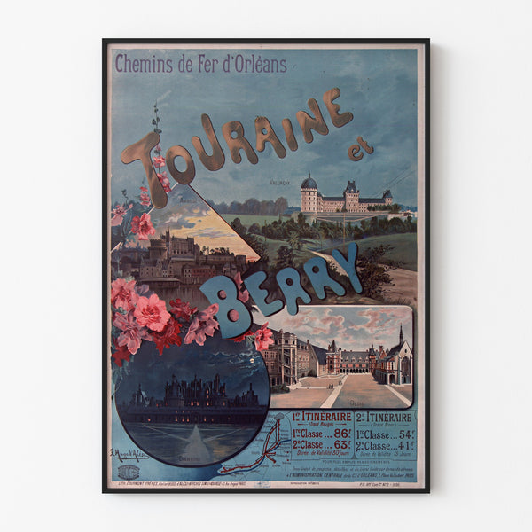 Vintageaffisch Touraine och Berry, slott, uppvisad i en tunn ram på en ljus vägg.