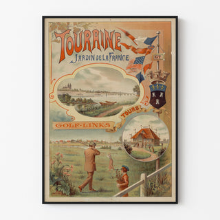Vintageaffisch Touraine, Frankrikes trädgård, uppvisad i en tunn ram på en ljus vägg.