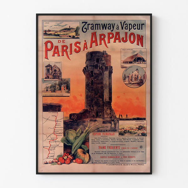 Vintage affisch Tramway Paris-Arpajon, i tunn ram på en ljus vägg.