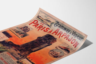 Vintage affisch Tramway Paris-Arpajon, presenterad på lätt böjd affisch, perspektivvy.