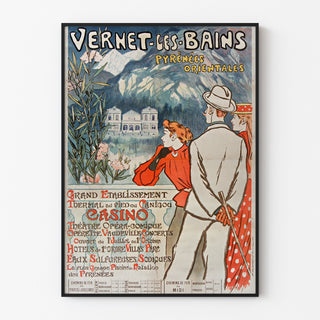 Vintageaffisch Vernet-les-Bains, Canigou, visad i en tunn ram på en ljus vägg.