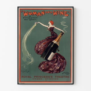 Vintageaffisch Woman and Wine, Princess’s Theatre, i en tunn ram på en ljus vägg.