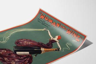 Vintageaffisch Woman and Wine, Princess’s Theatre, visad på en böjd pappersyta, perspektivvy.
