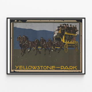 Yellowstone‑park-affisch i tunn ram på ljus vägg.
